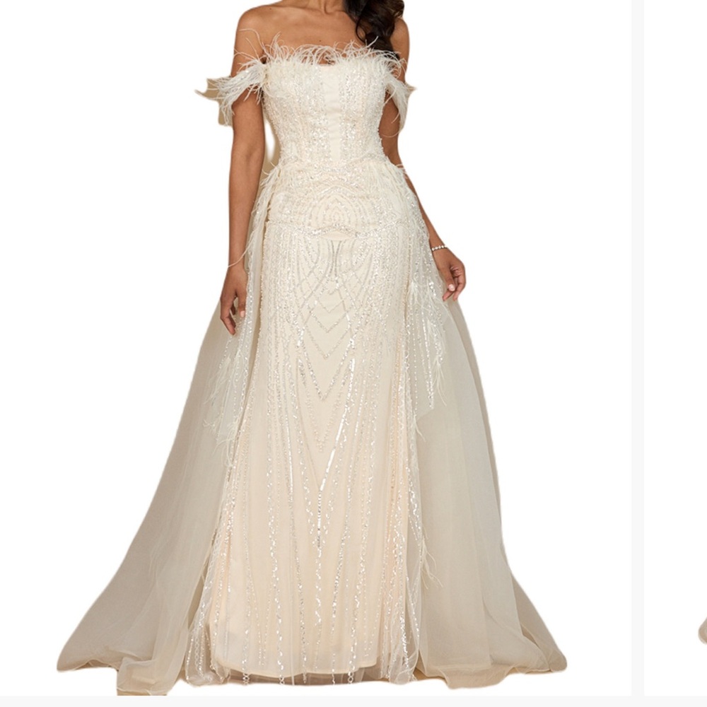 Women’s Off Shoulder Gown with Feathers